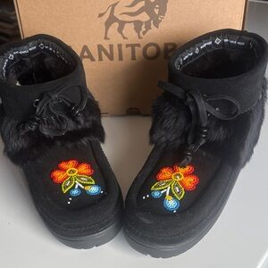 Manitobah Black Ankle Boots with Floral Design